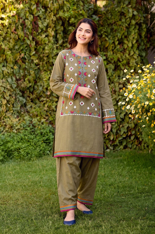 Sage Green Embroidered Lawn Kurta Set Online in Dubai UAE Abudhabi Ajman Sharjah