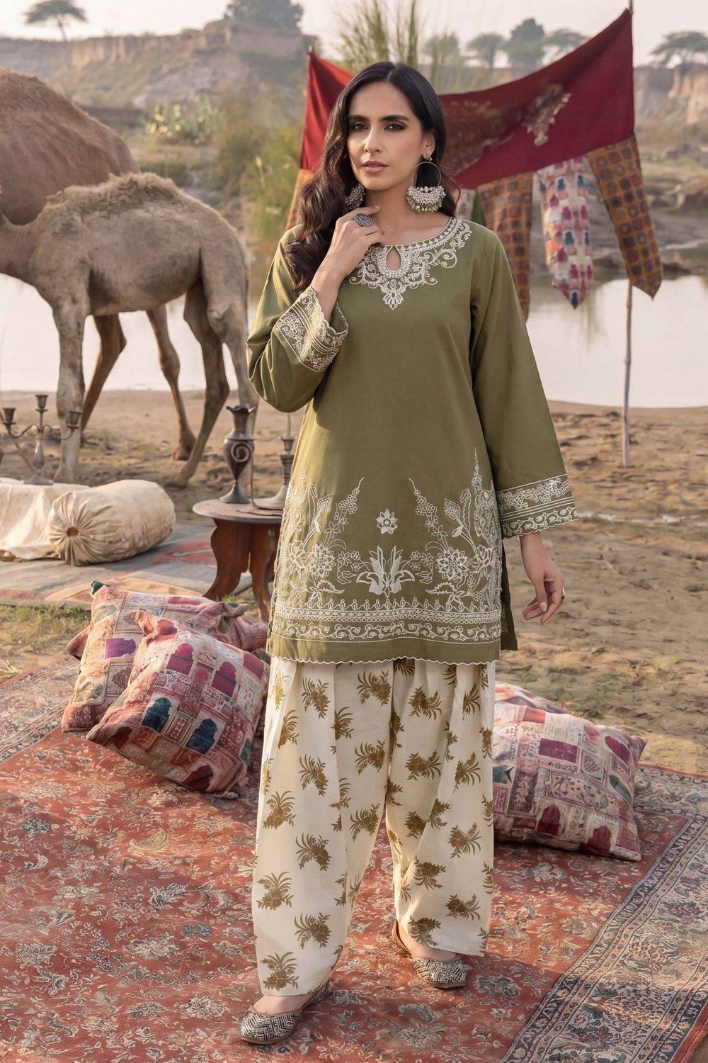Sage Green Embroidered Lawn Kurta Shalwar Online in Dubai UAE Abudhabi Ajman Sharjah
