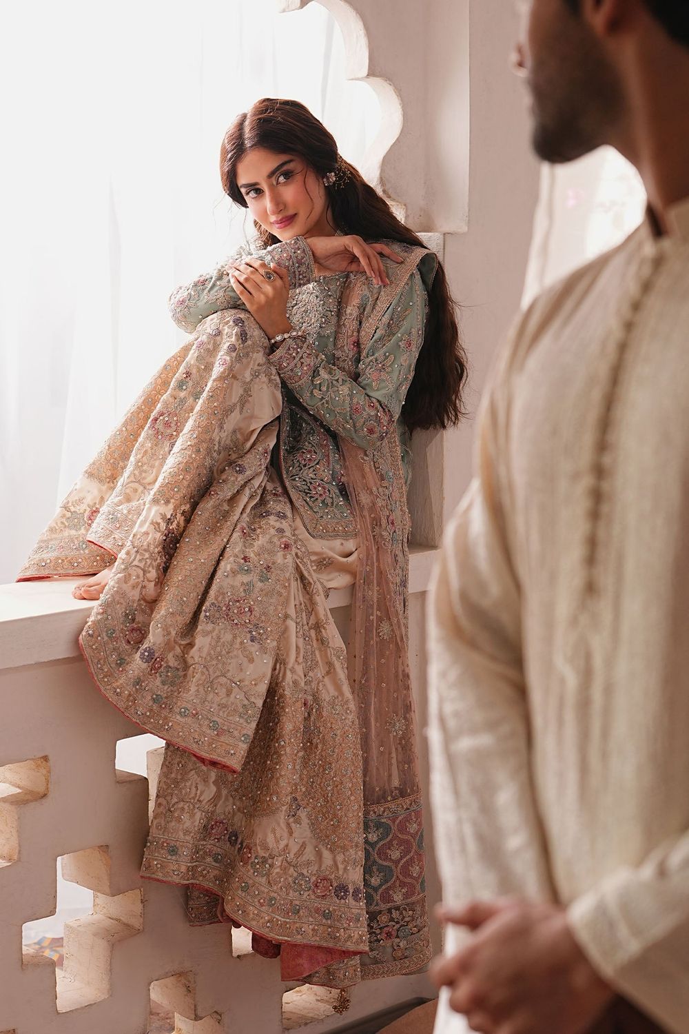 Sage Green Embroidered Net Gharara Online in Dubai UAE Abudhabi Ajman Sharjah