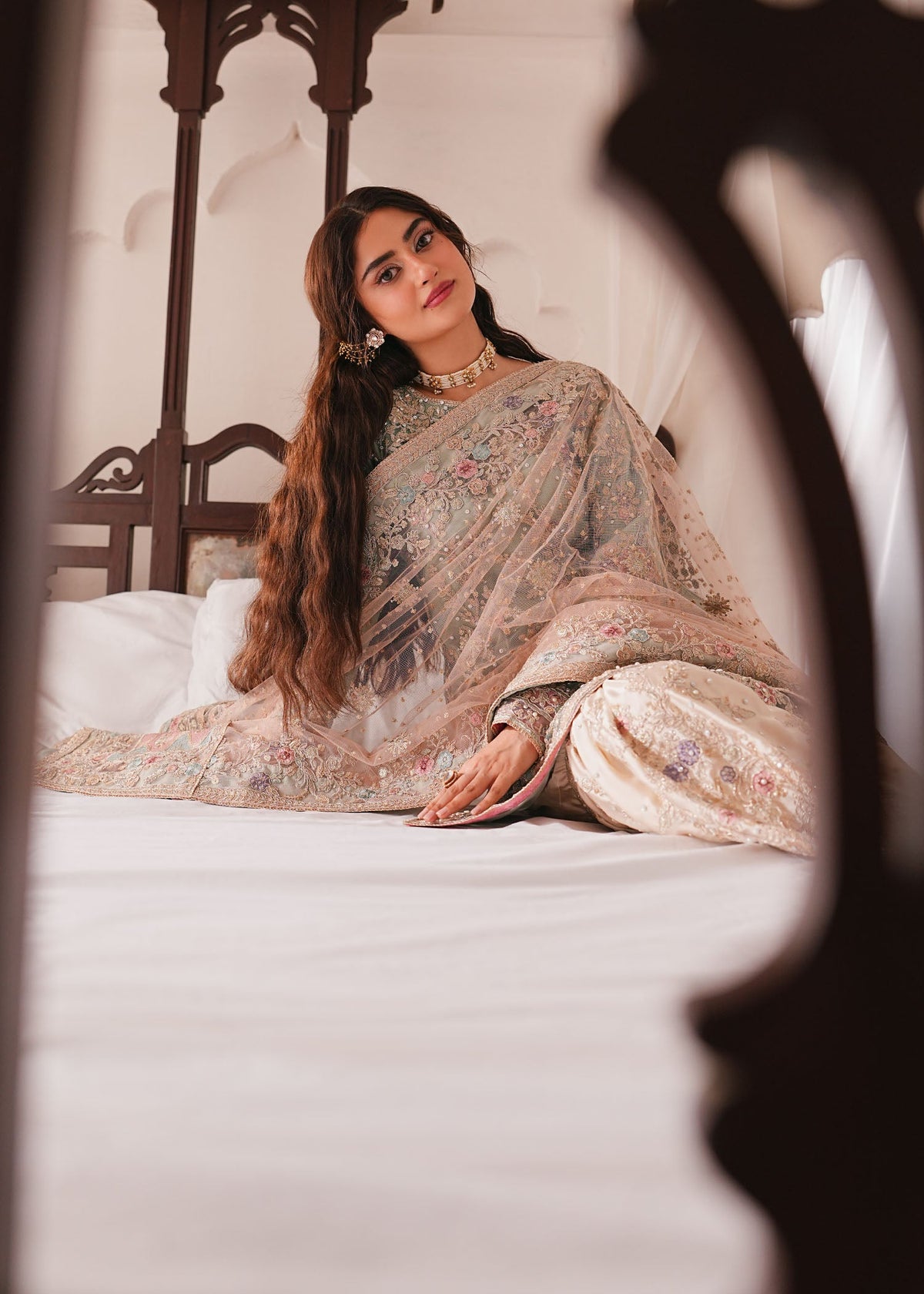 Sage Green Embroidered Net Gharara Pakistani Clothes Online in Sri Lanka India Australia