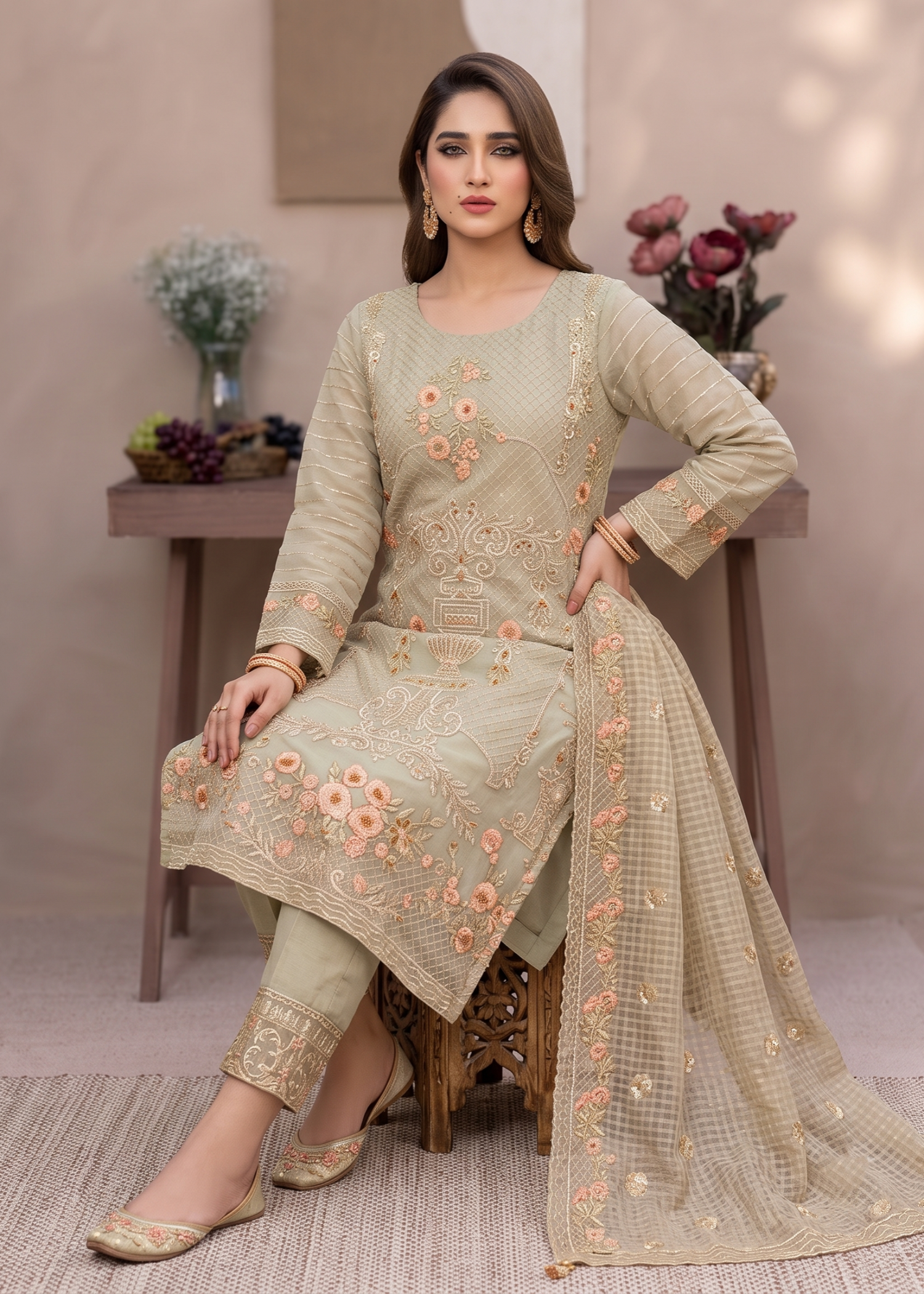 Sage Green Embroidered Organza Pakistani Dress Online in Sri Lanka India Australia