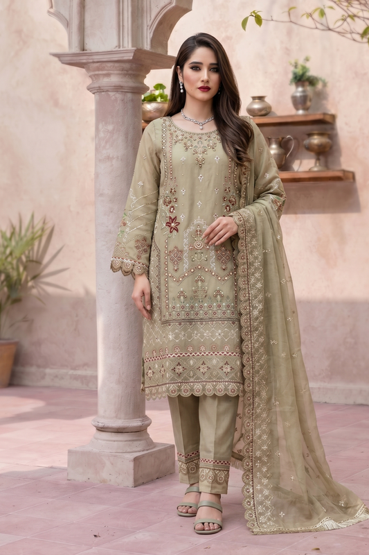 Sage Green Embroidered Organza Partywear Suit Online in Dubai UAE Abudhabi Ajman Sharjah