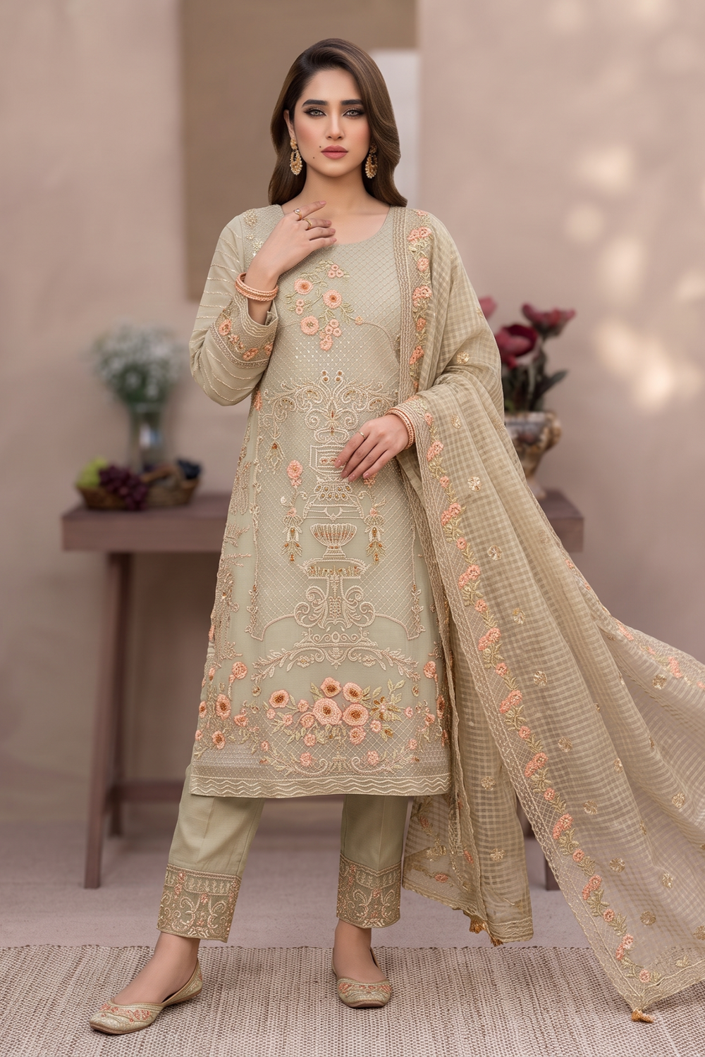 Sage Green Embroidered Organza Partywear Suit Online in Dubai UAE Abudhabi Ajman Sharjah