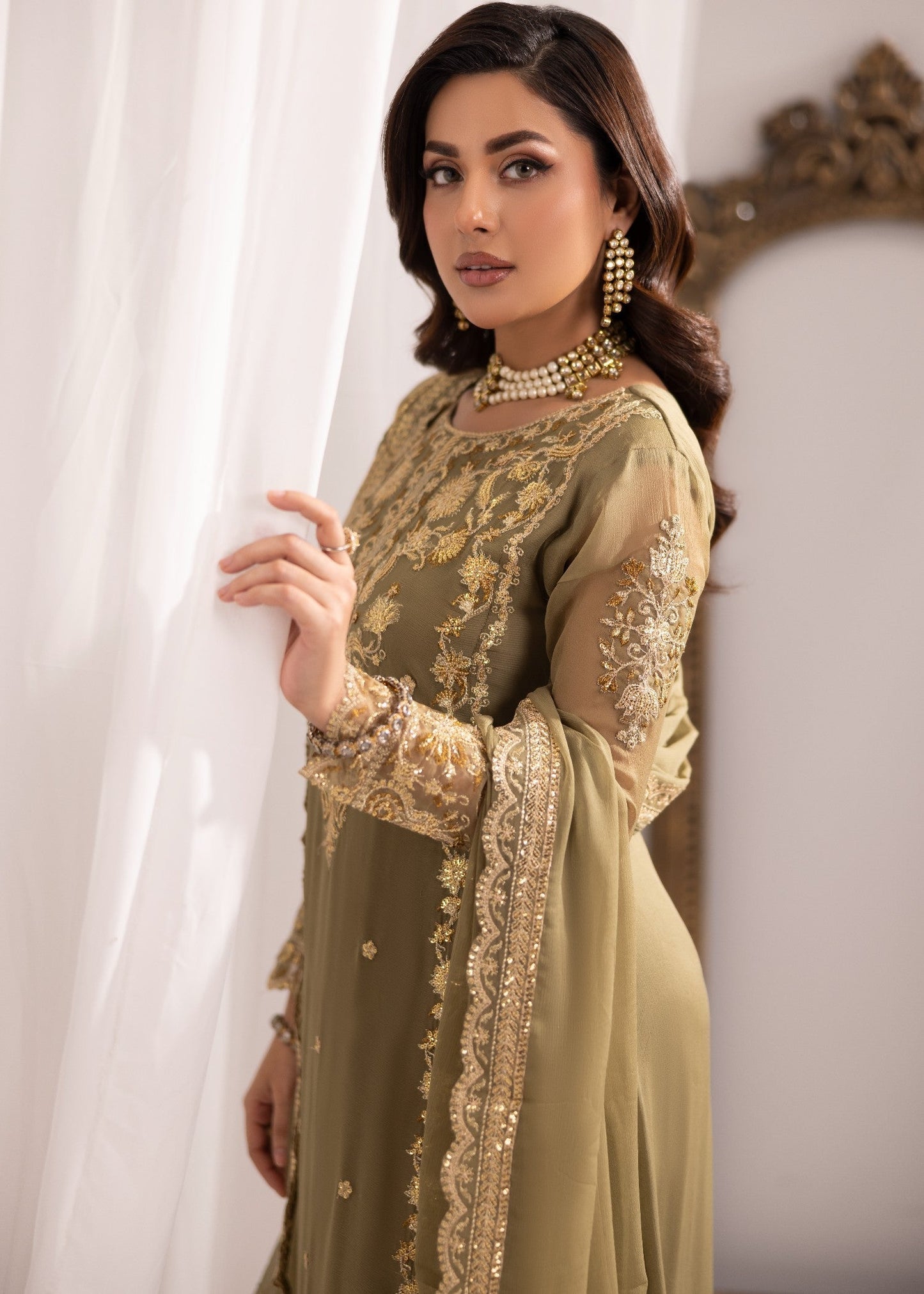 Sage Green Embroidered Partywear Kurta Set Online in Dubai UAE Abudhabi Ajman Sharjah