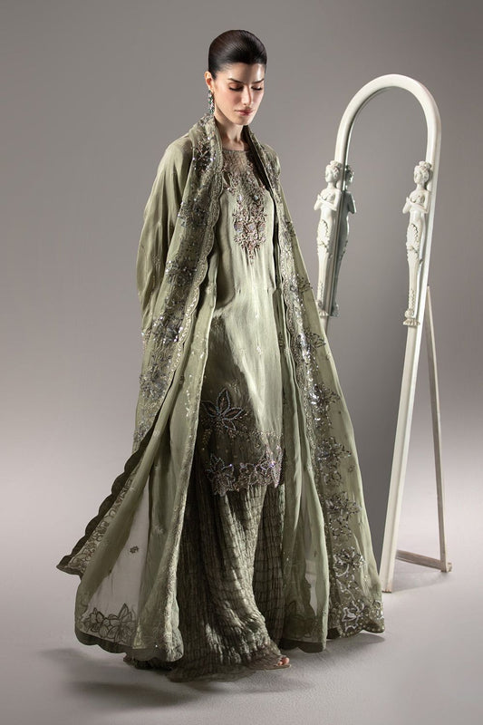 Sage Green Embroidered Raw Silk Sharara Online in Dubai UAE Abudhabi Ajman Sharjah