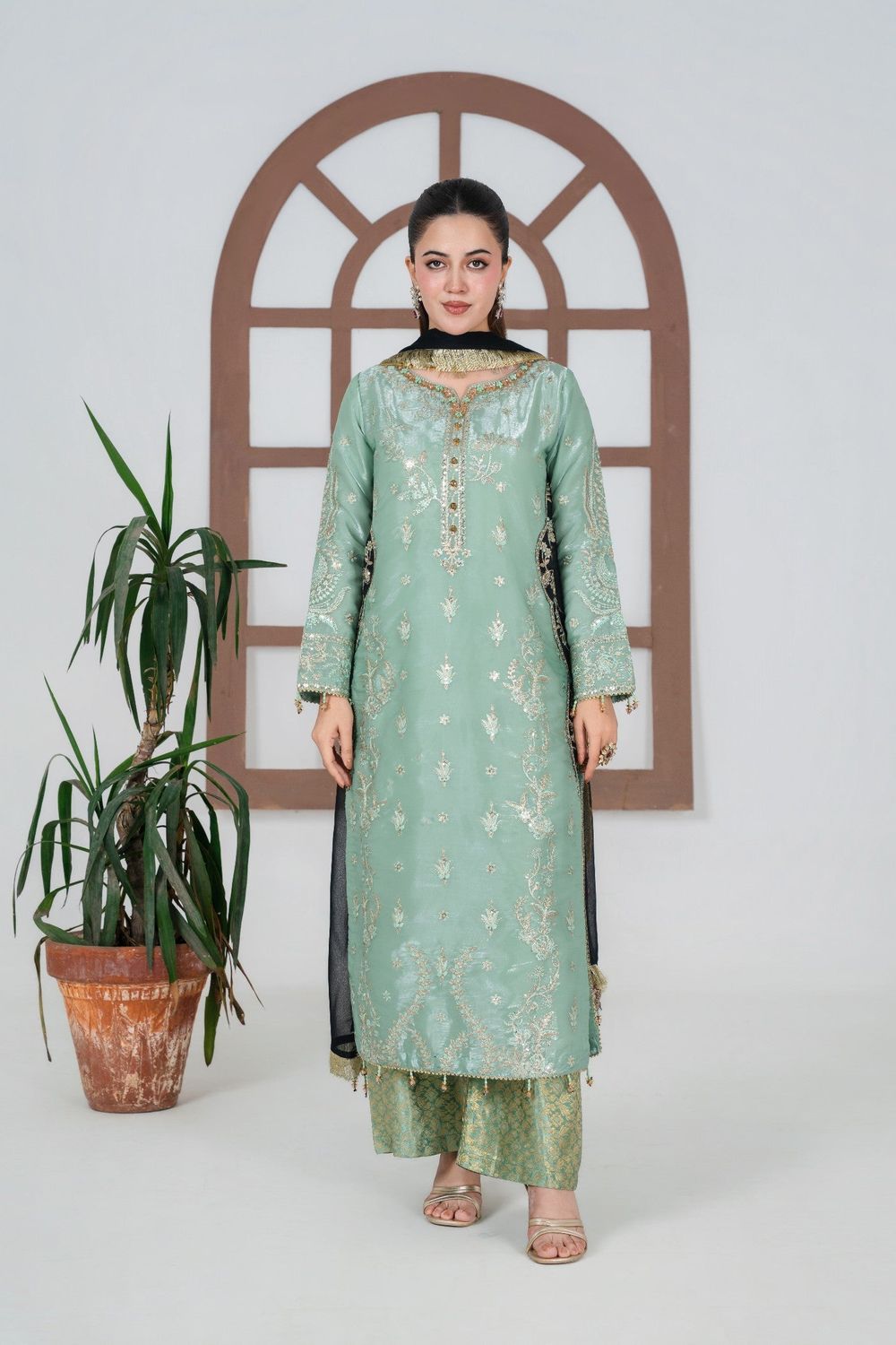 Sage Green Embroidered Silk Festive Suit Online in Dubai UAE Abudhabi Ajman Sharjah