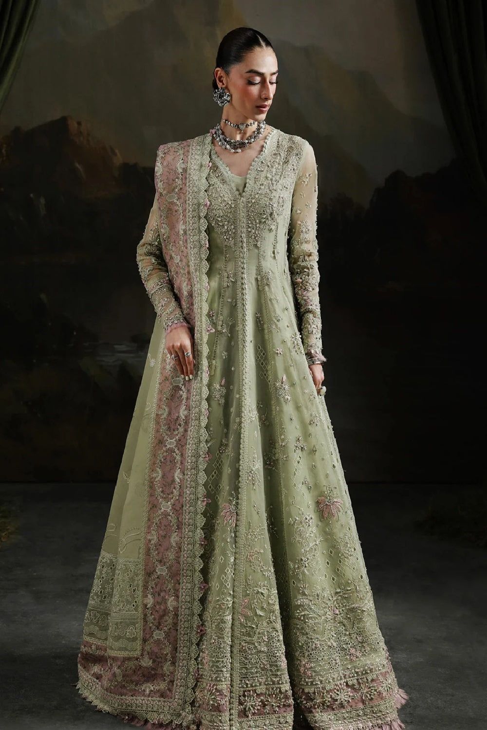 Sage Green Hand Embroidered Organza Pakistani Suit Online in Dubai UAE Abudhabi Ajman Sharjah