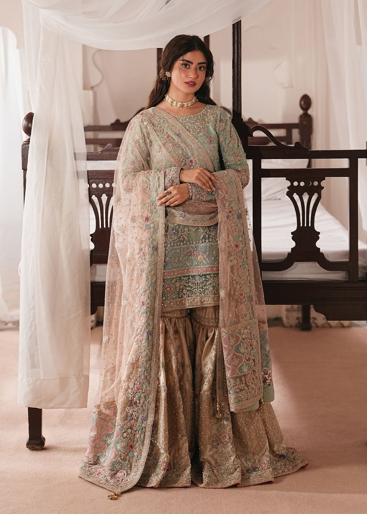 Sage Green Net Gharara Embroidered Online in Dubai DXB UAE Abudhabi Meena Bazaar