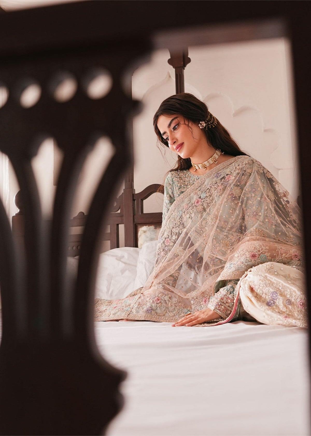 Sage Green Net Gharara Embroidered Online in UK USA Canada