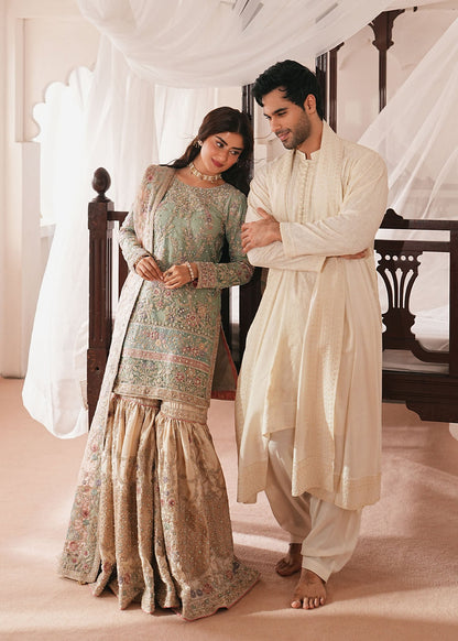 Sage Green Net Gharara Embroidered Wedding Outfit Online in Dubai UAE Abudhabi Ajman Sharjah