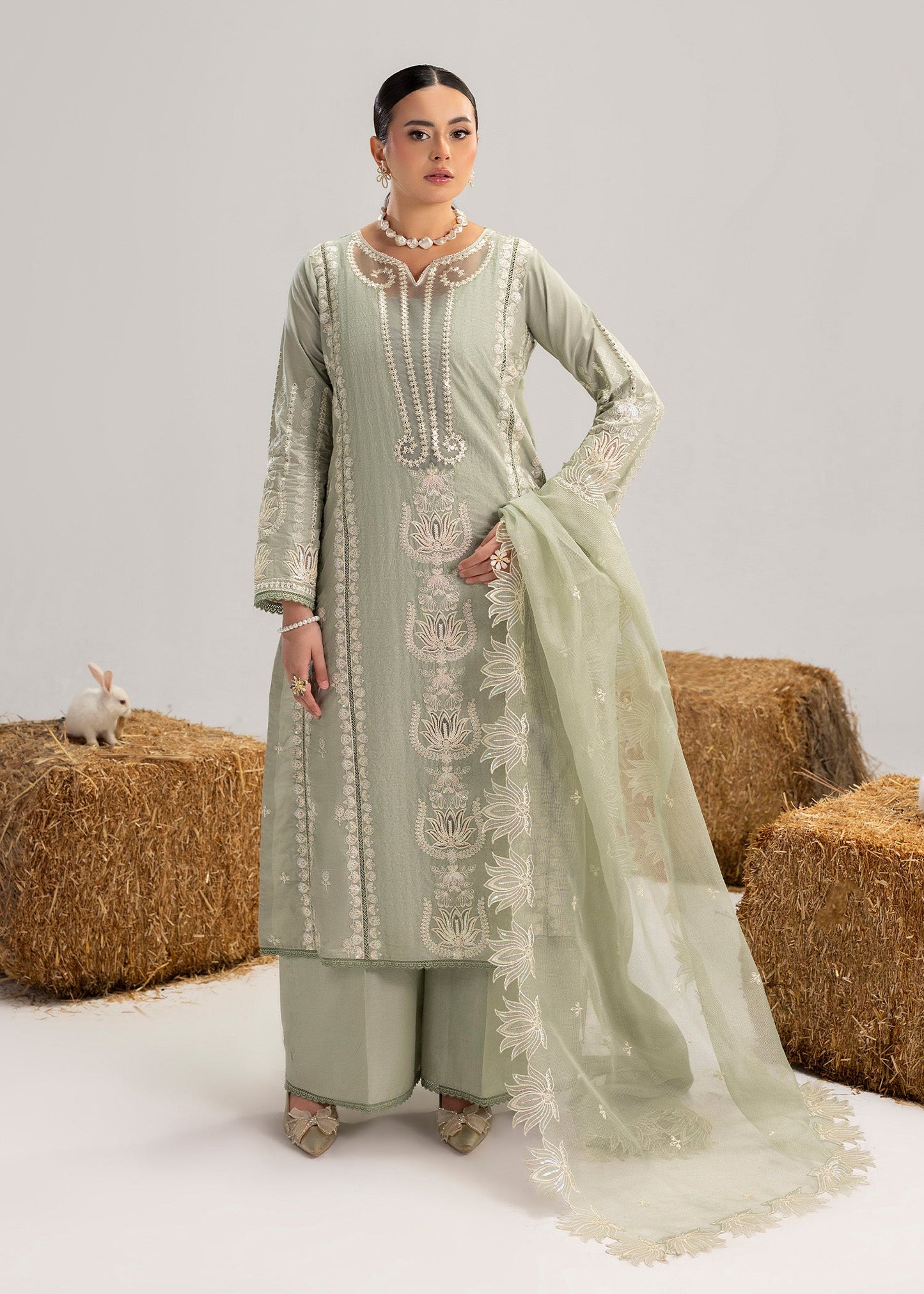 Sage Green Organza Patch Work Lawn Suit Online in Sri Lanka India Australia
