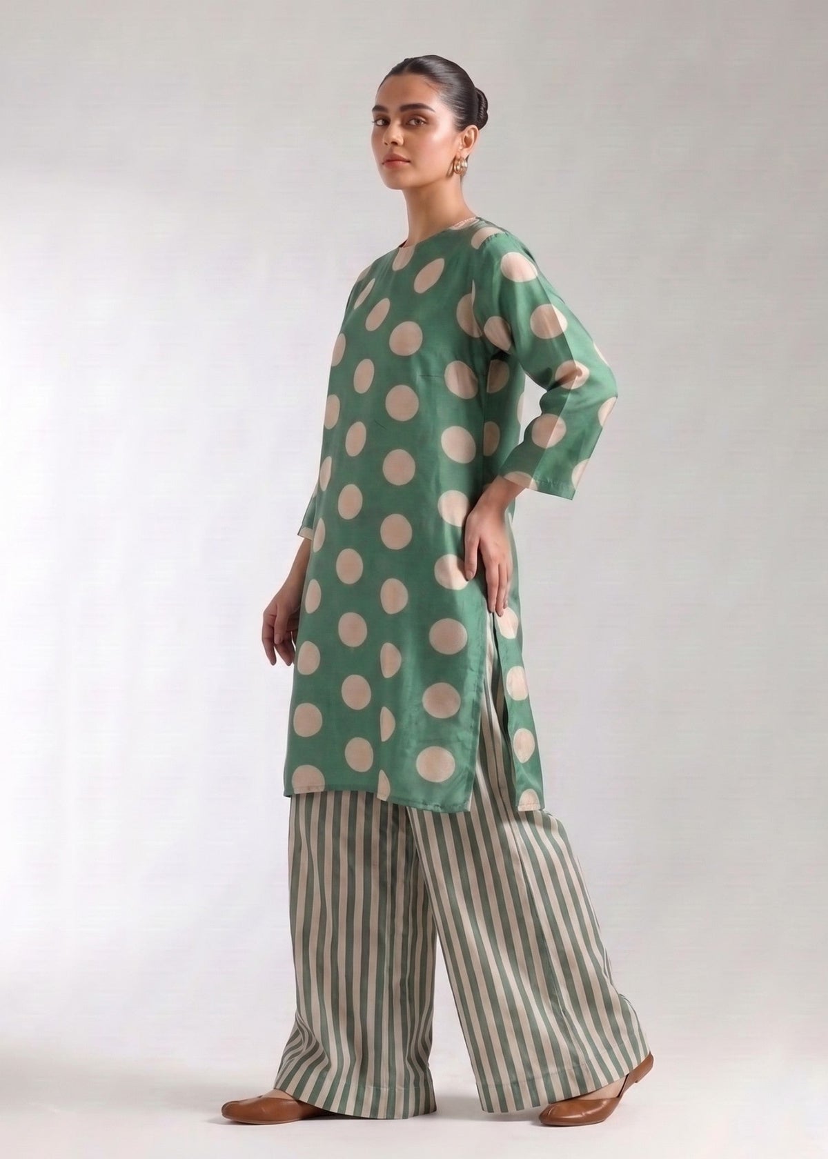 Sage Green Polka Dot Print Kurta Trouser Online in Dubai DXB UAE Abudhabi Meena Bazaar