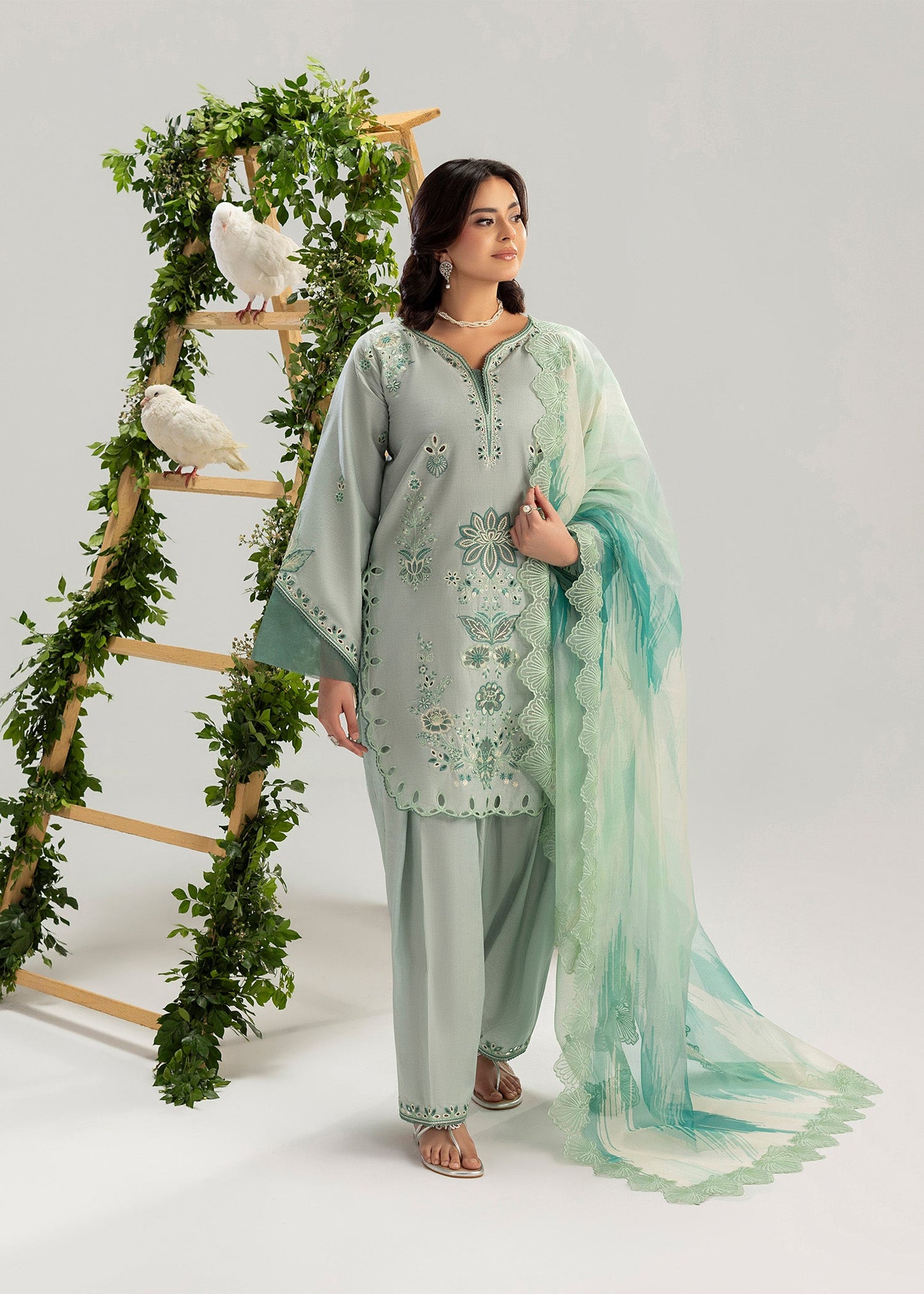 Sage Green Printed Lawn Suit with Organza Dupatta Online in Sri Lanka India Australia