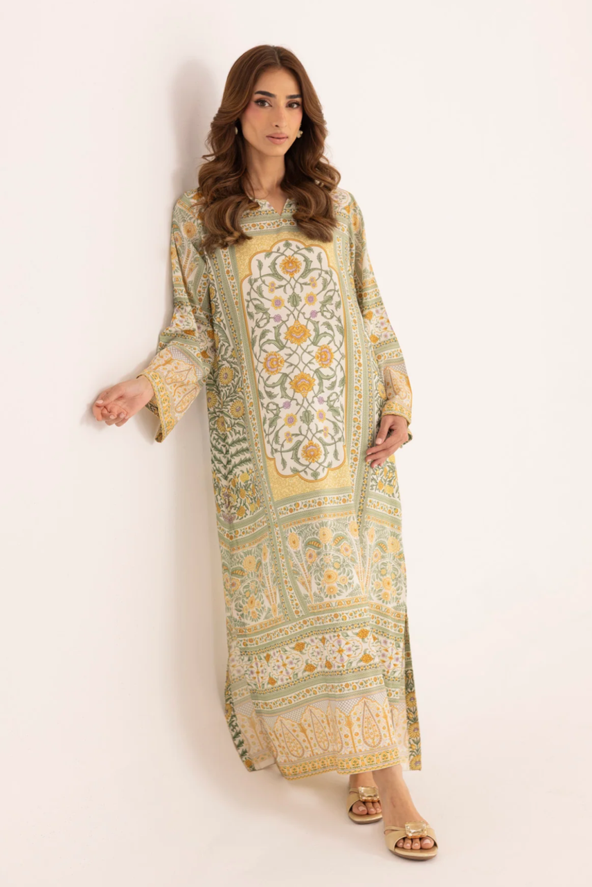 Sage Green Printed Silk Lawn Kaftan Online in Dubai UAE Abudhabi Ajman Sharjah