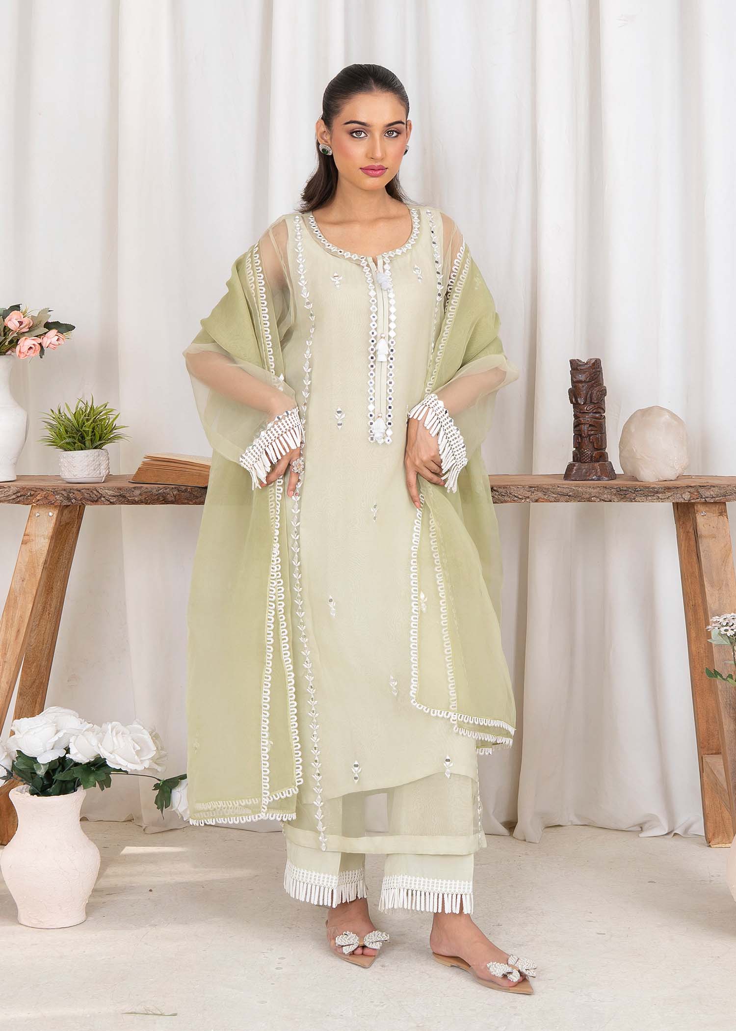 Sage Green Resham Mirror Work Organza Ensemble Online in Dubai DXB UAE Abudhabi Meena Bazaar