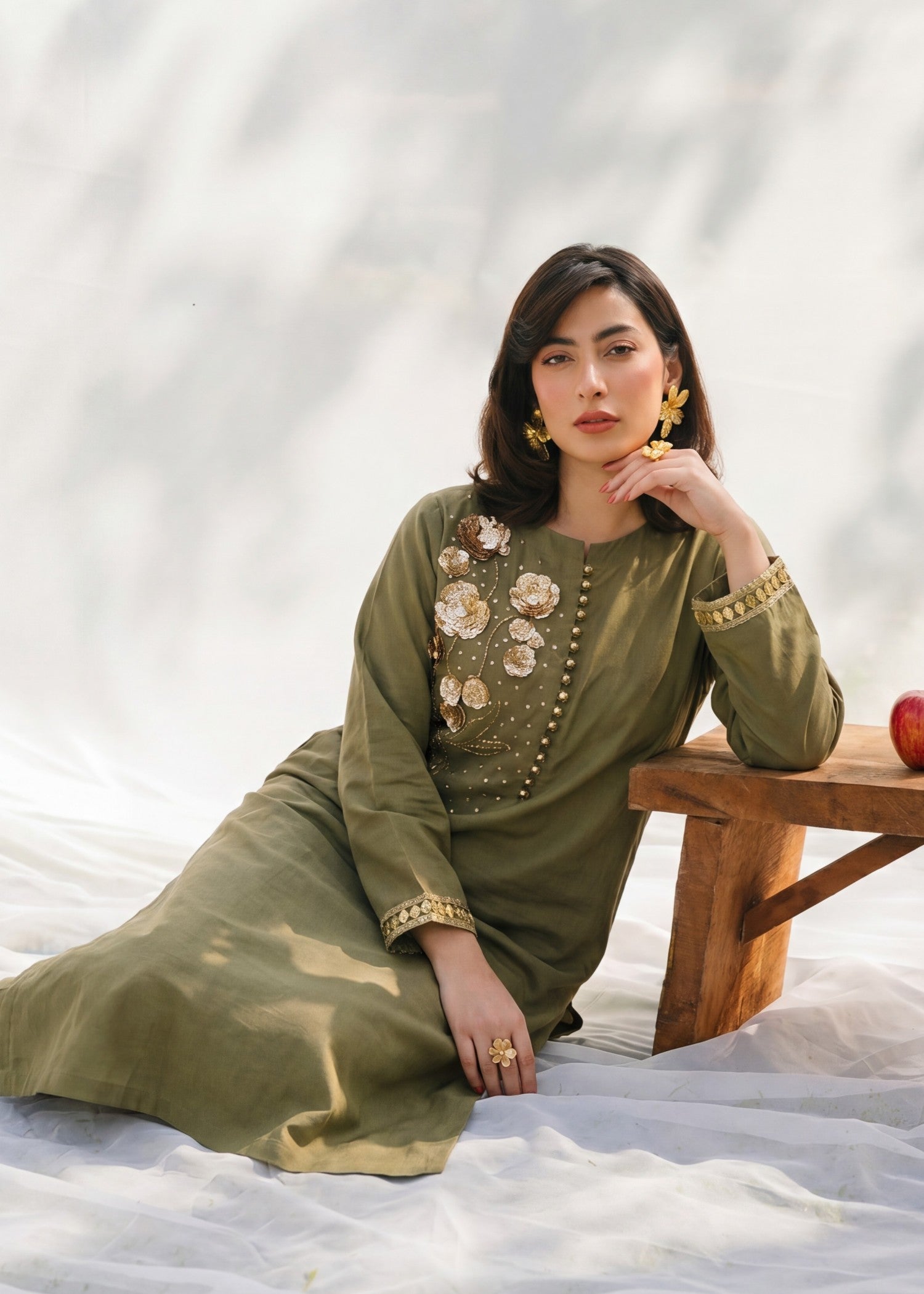 Sage Green Sequined Lawn Two Piece Suit Online in Dubai UAE Abudhabi Ajman Sharjah
