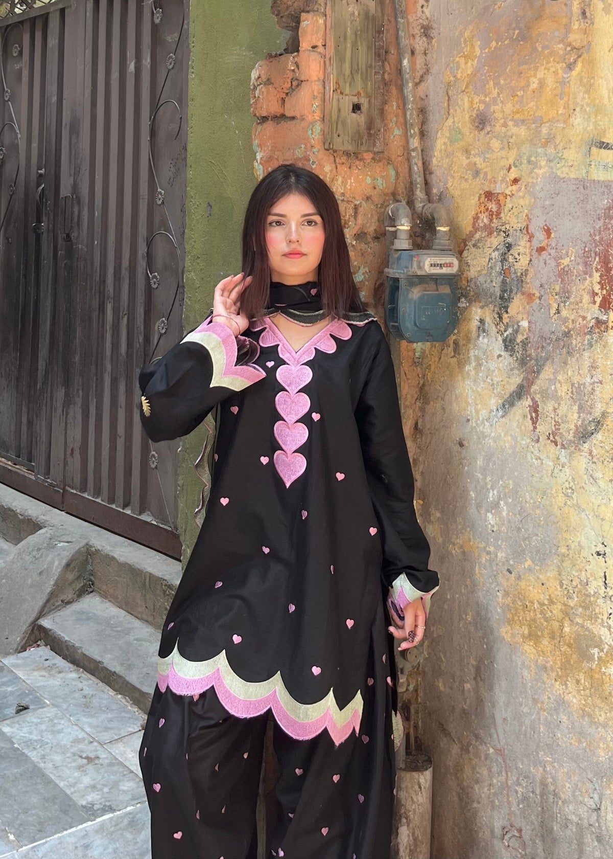 Black Allover Heart Embroidery Cotton Shalwar Kameez Online in UK USA Canada