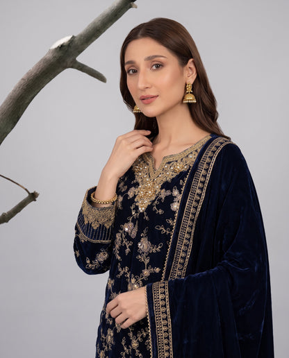 Embellished Blue Velvet Salwar Suit Online in KSA Riyadh Saudi Arabia Oman Bahrain Qatar