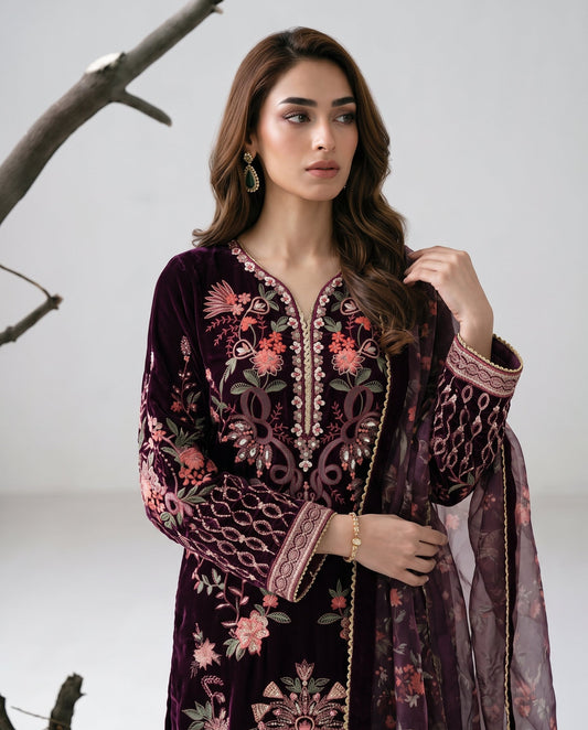 Embellished Maroon Velvet Salwar Kameez Online in KSA Riyadh Saudi Arabia Oman Bahrain Qatar