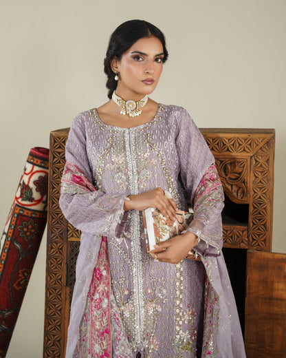Ladies Lilac Embroidered Organza Suit for Formal Events Online in KSA Riyadh Saudi Arabia Oman Bahrain Qatar