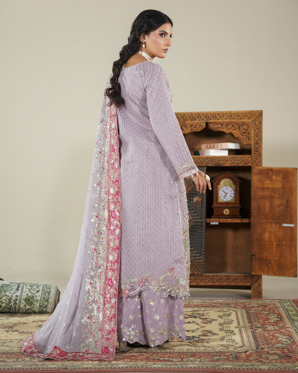 Ladies Lilac Organza Salwar Kameez with Chiffon Dupatta Online in KSA Riyadh Saudi Arabia Oman Bahrain Qatar