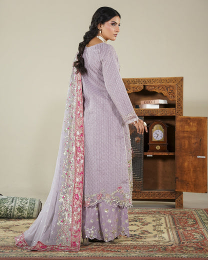 Ladies Lilac Organza Salwar Kameez with Chiffon Dupatta Online in KSA Riyadh Saudi Arabia Oman Bahrain Qatar