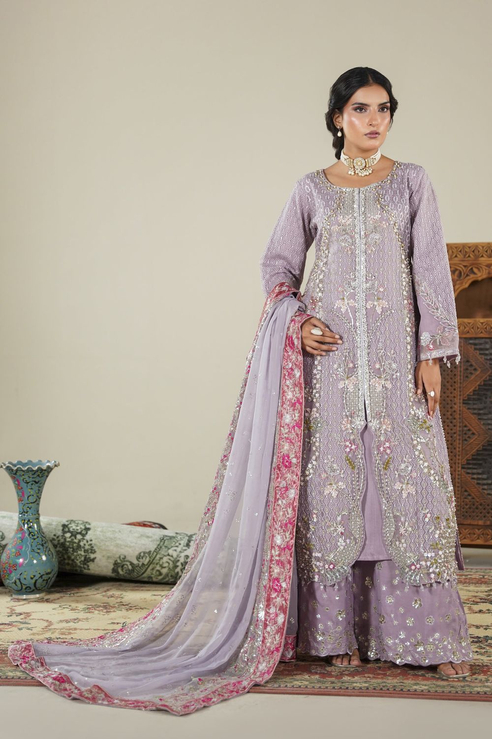 Lilac Embroidered Organza Pakistani Suit Online in Dubai UAE Abudhabi Ajman Sharjah