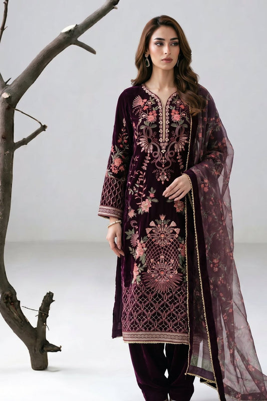 Maroon Embellished Velvet Pakistani Suit Online in Dubai UAE Abudhabi Ajman Sharjah