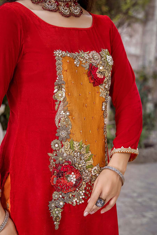 Red Hand Embroidered Micro Velvet Suit
