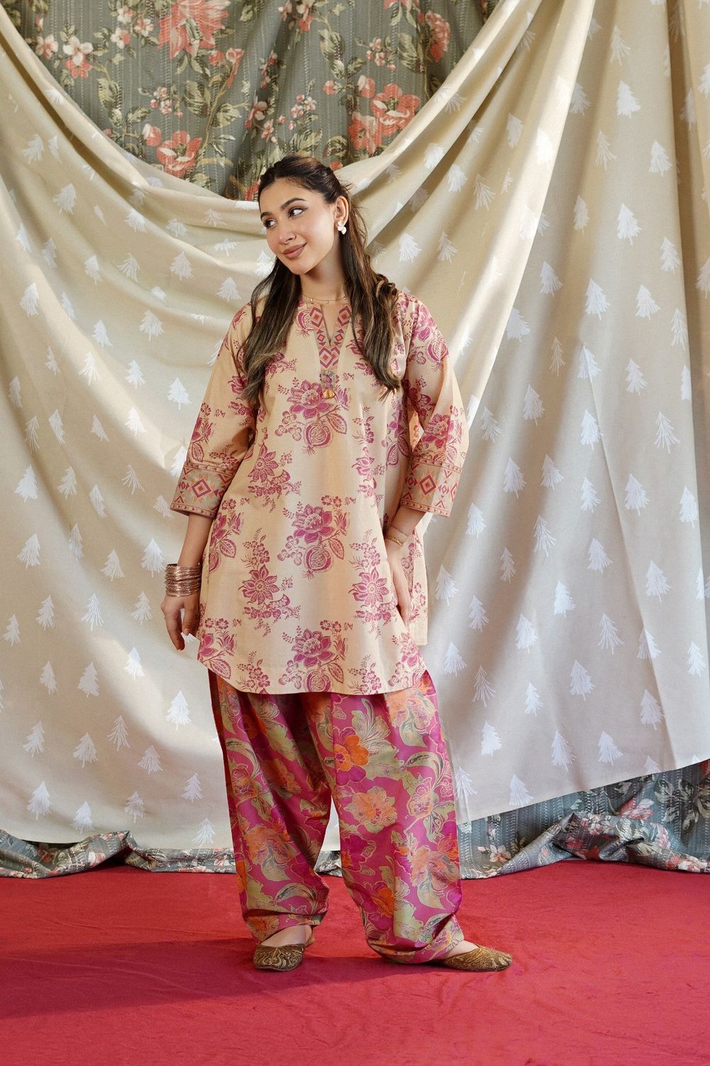 Sand Brown Printed Lawn Kurta Set Online in Dubai UAE Abudhabi Ajman Sharjah