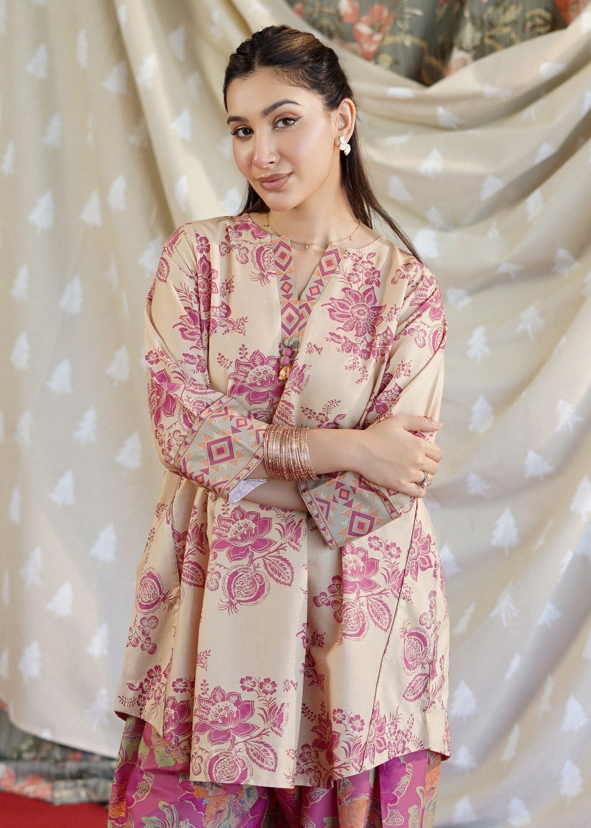 Sand Brown Printed Lawn Summer Wear Kurta Set Online in Sri Lanka India Australia