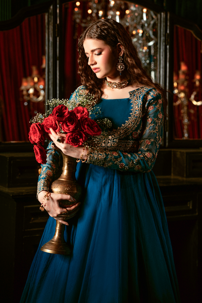 Sapphire Blue Chiffon Embroidered Pishwas Dress Online in KSA Riyadh Saudi Arabia Oman Bahrain Qatar