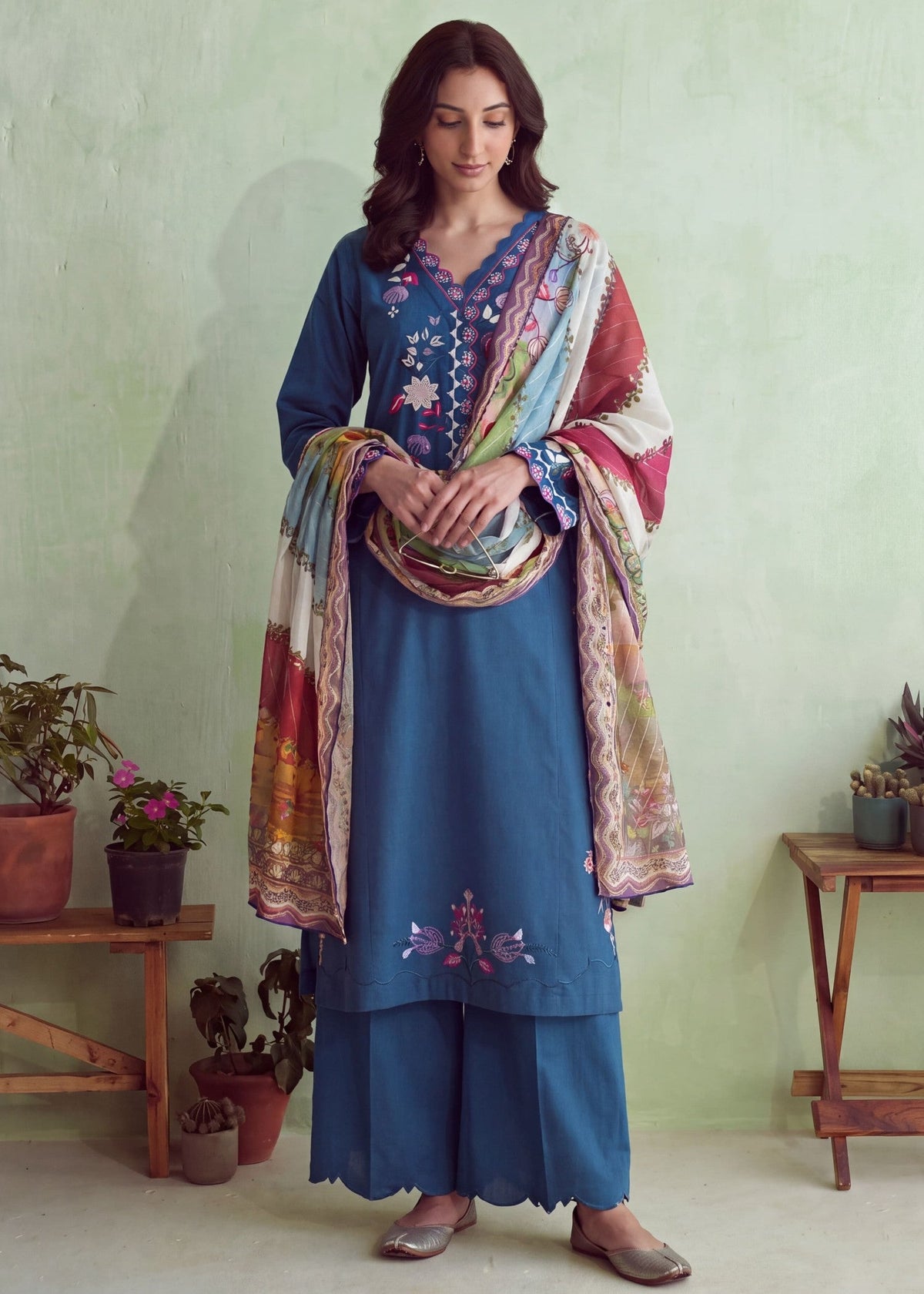 Sapphire Blue Cotton Embroidered Ladies Salwar Kameez Online in KSA Riyadh Saudi Arabia Oman Bahrain Qatar