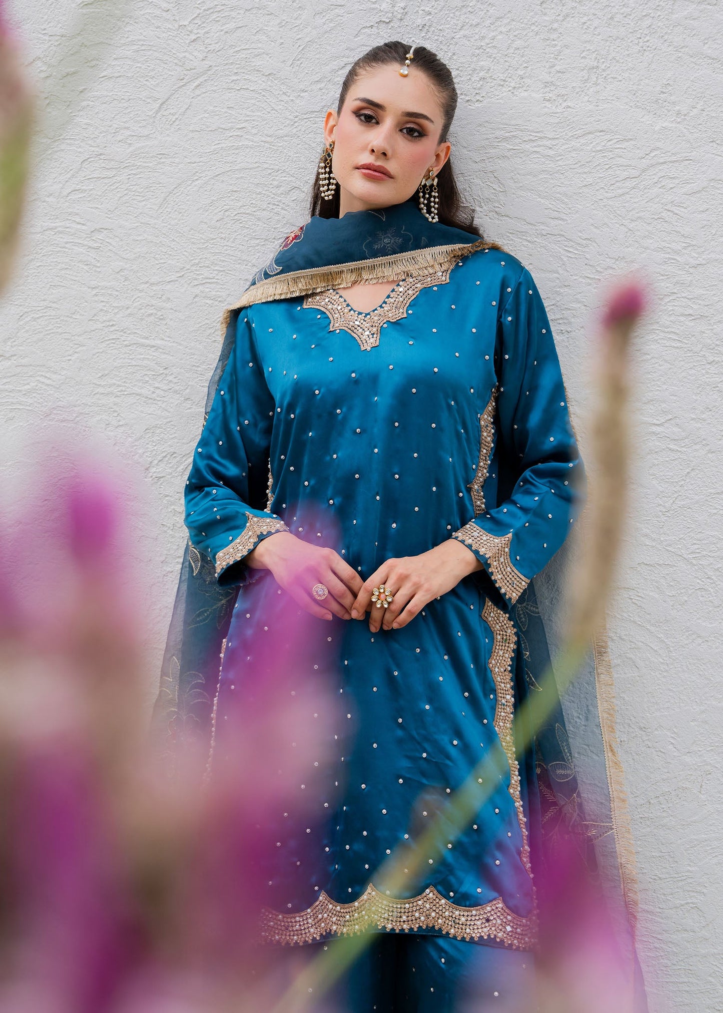 Sapphire Blue Embellished Charmuse Festive Wear Online in Dubai UAE Abudhabi Ajman Sharjah