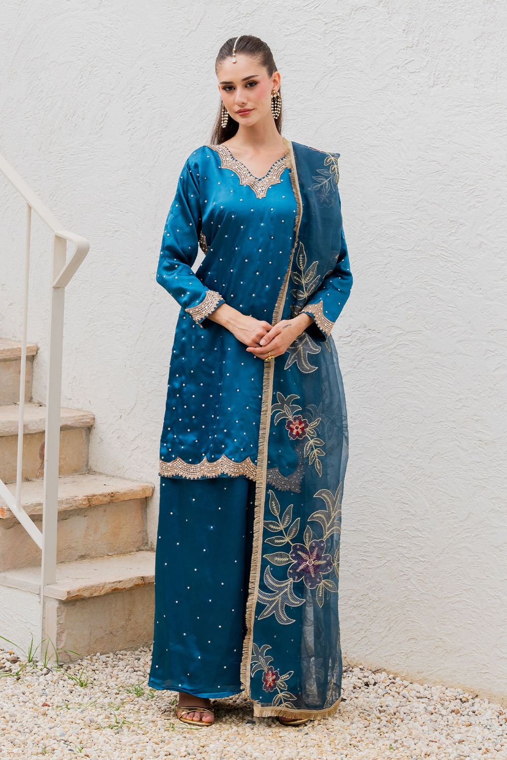 Sapphire Blue Embellished Charmuse Wedding Suit Online in Dubai UAE Abudhabi Ajman Sharjah