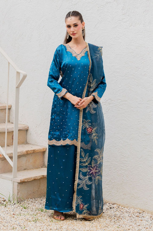 Sapphire Blue Embellished Charmuse Wedding Suit Online in Dubai UAE Abudhabi Ajman Sharjah