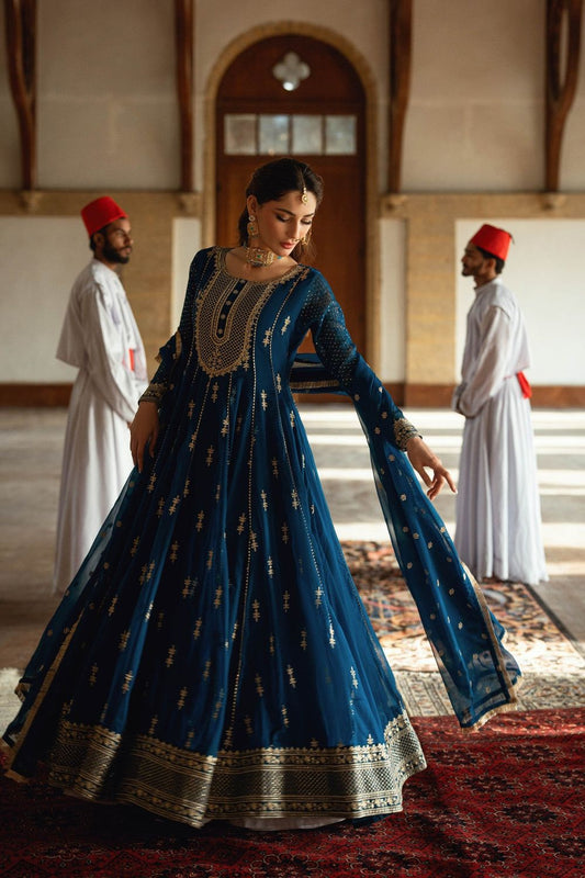 Sapphire Blue Embroidered Chiffon Festive Maxi Online in Dubai UAE Abudhabi Ajman Sharjah