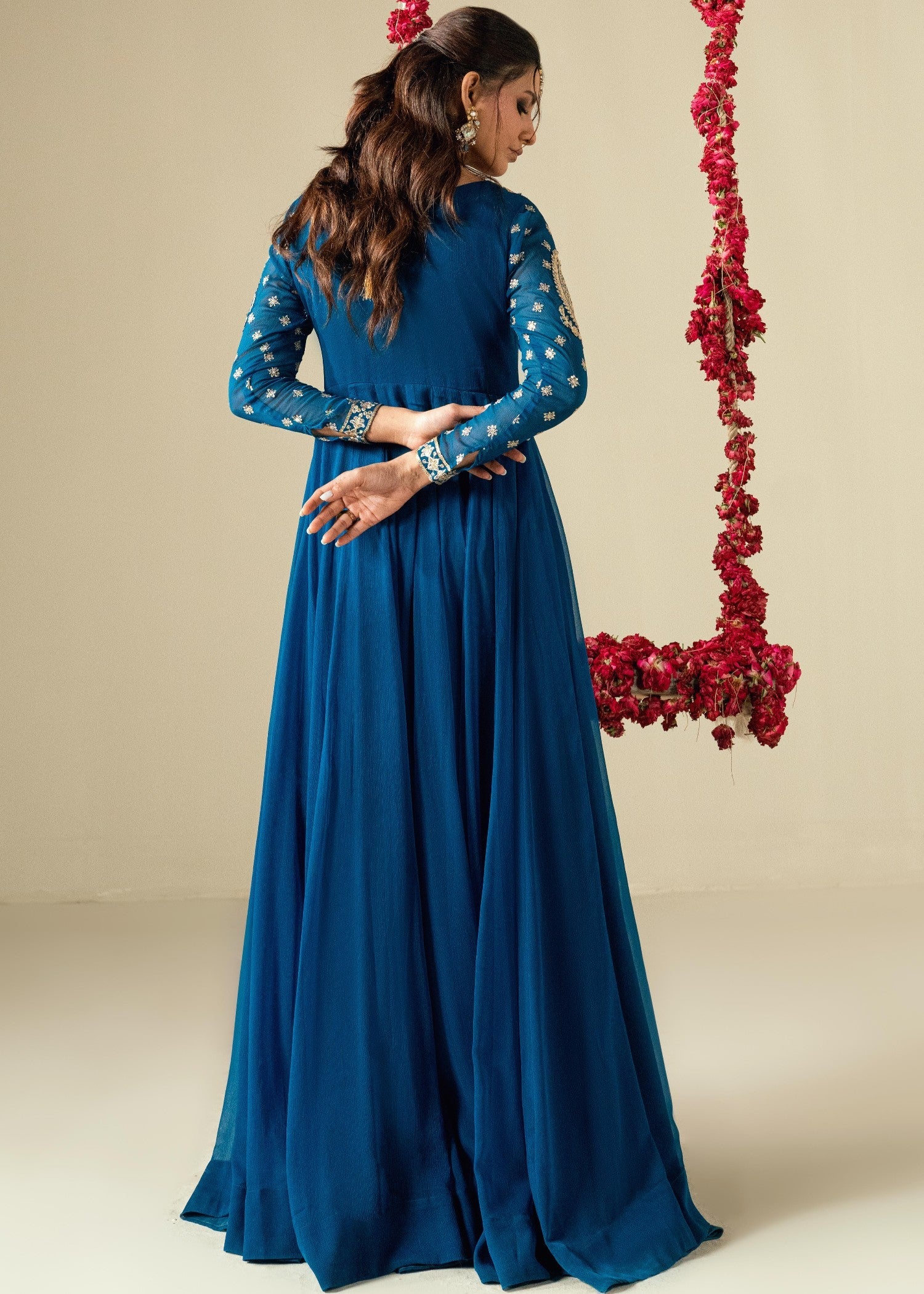 Sapphire Blue Embroidered Chiffon Ladies Suit Online in Sri Lanka India Australia