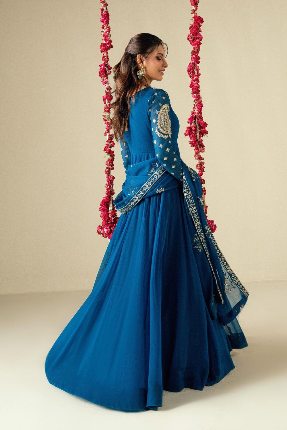 Sapphire Blue Embroidered Chiffon Partywear Suit Online in Dubai UAE Abudhabi Ajman Sharjah