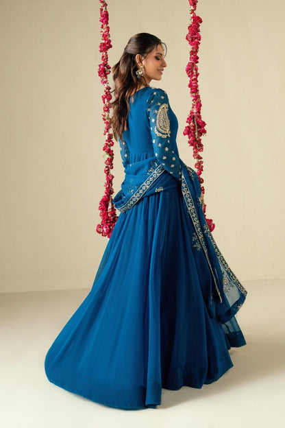 Sapphire Blue Embroidered Chiffon Partywear Suit Online in Dubai UAE Abudhabi Ajman Sharjah