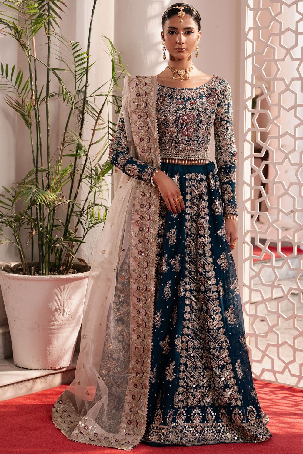 Sapphire Blue Embroidered Chiffon Wedding Guest Suit Online in Dubai UAE Abudhabi Ajman Sharjah