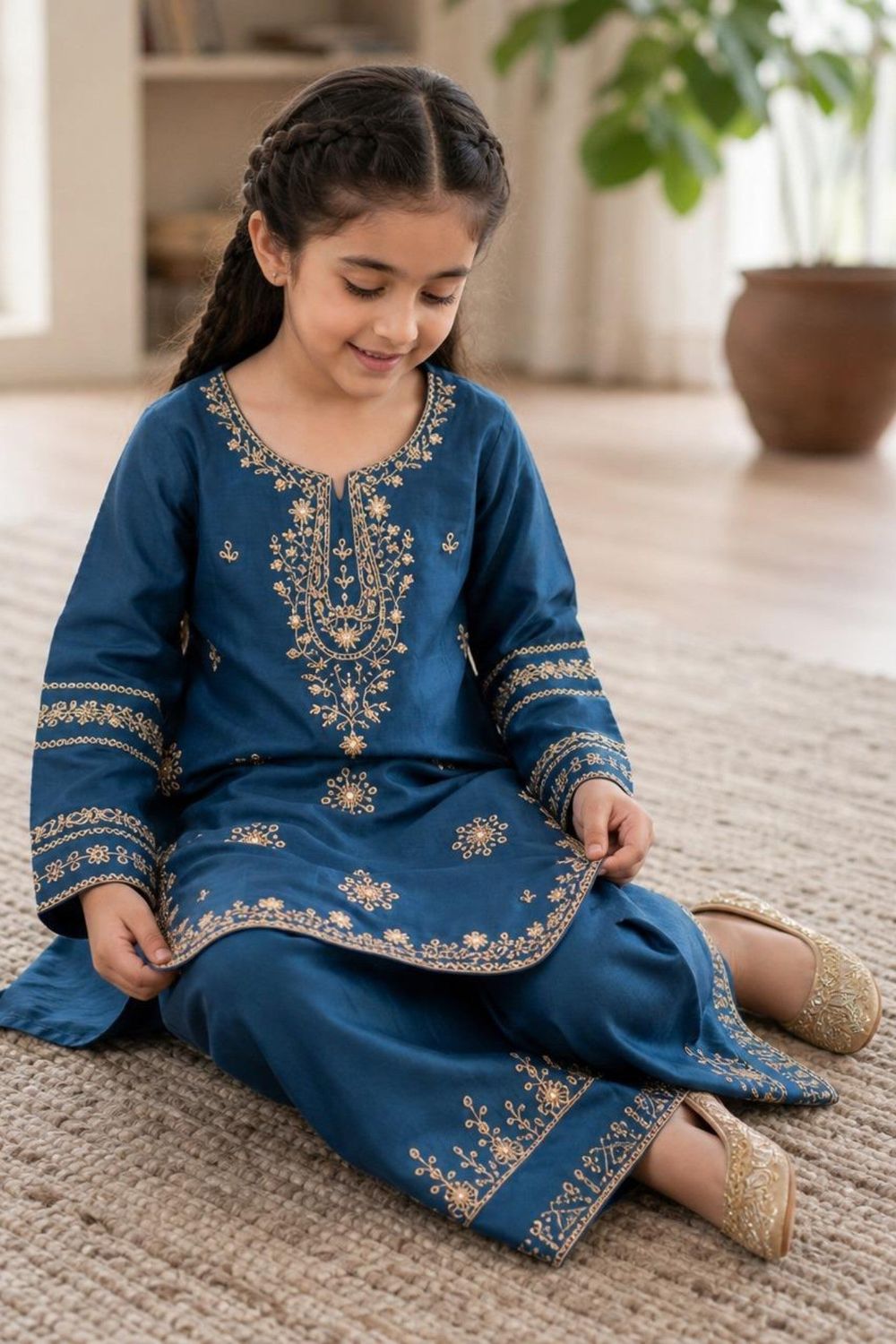 Sapphire Blue Embroidered Cotton Jacquard Girls Kurta Set Online in Dubai UAE Abudhabi Ajman Sharjah