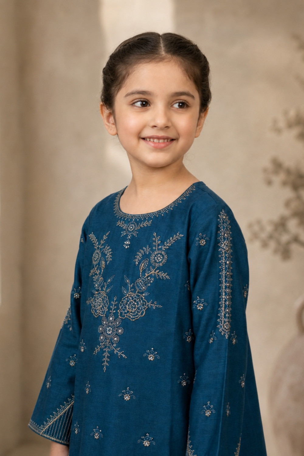 Sapphire Blue Embroidered Cotton Kurta Set for Girls Online in Dubai UAE Abudhabi Ajman Sharjah