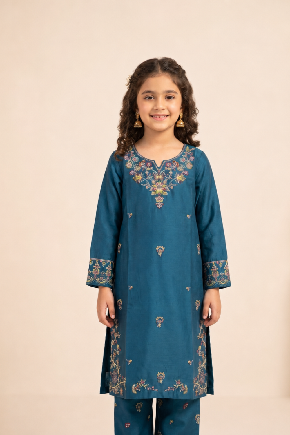Sapphire Blue Embroidered Cotton Kurta Set for Girls Online in Dubai UAE Abudhabi Ajman Sharjah