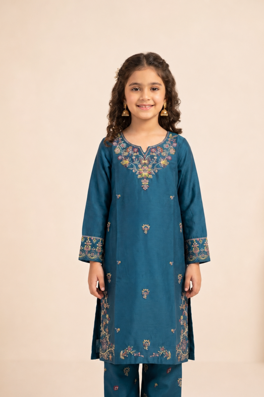 Sapphire Blue Embroidered Cotton Kurta Set for Girls Online in Dubai UAE Abudhabi Ajman Sharjah