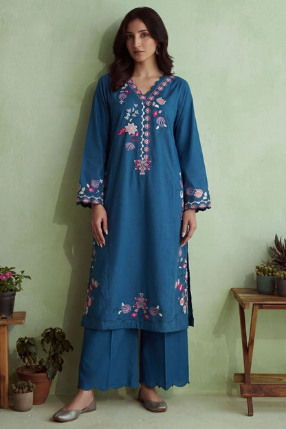 Sapphire Blue Embroidered Cotton Pakistani Suit Online in Dubai UAE Abudhabi Ajman Sharjah