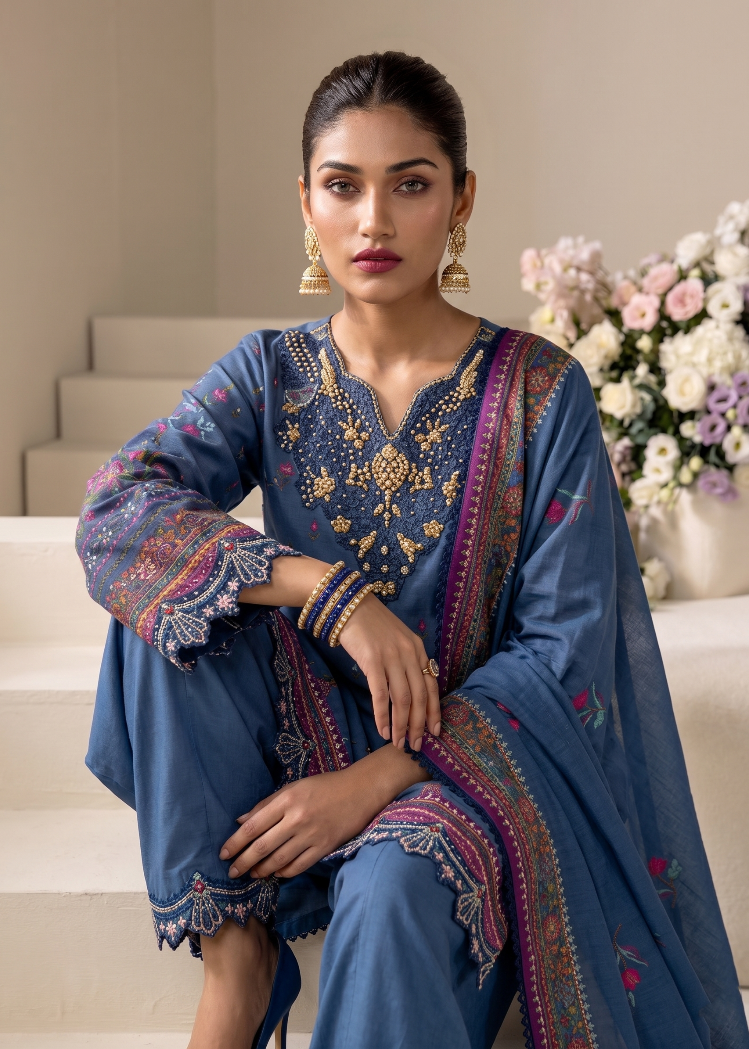 Sapphire Blue Embroidered Festive Wear Raw Silk Suit Online in Sri Lanka India Australia