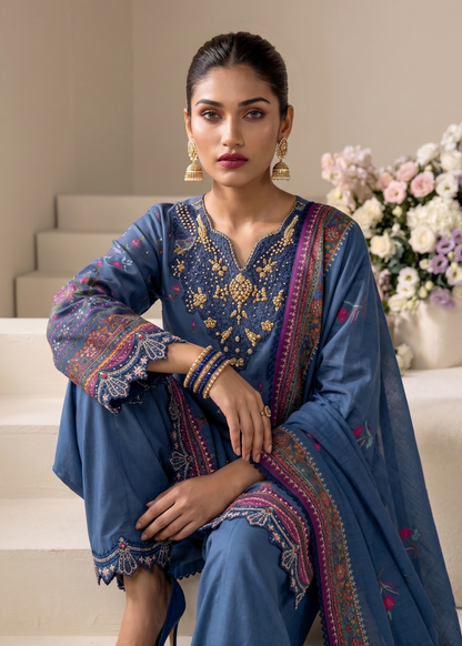 Sapphire Blue Embroidered Festive Wear Raw Silk Suit Online in Sri Lanka India Australia