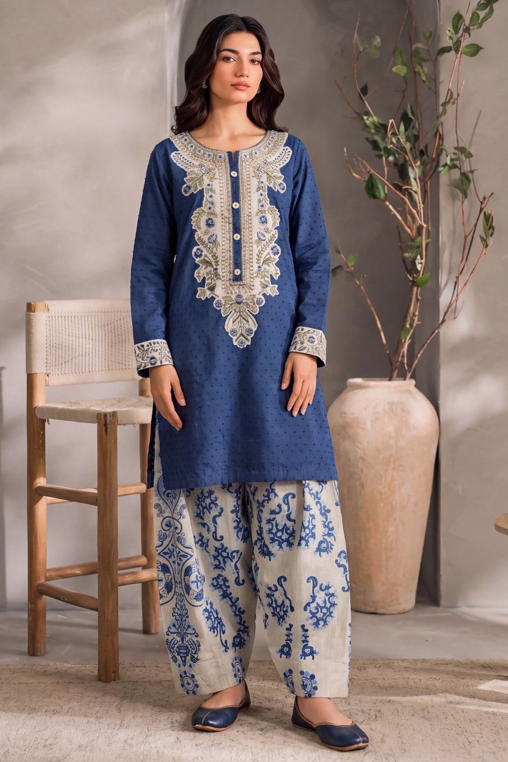 Sapphire Blue Embroidered Fine Khaddar Kurta Set Online in Dubai UAE Abudhabi Ajman Sharjah