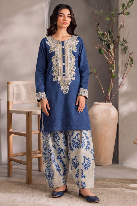 Sapphire Blue Embroidered Fine Khaddar Kurta Set Online in Dubai UAE Abudhabi Ajman Sharjah